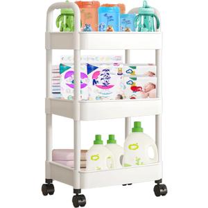 Baby Diaper Cart with Wheels and Handle 3 Tier Rolling Cart Diaper Organizer, Nursery Caddy Baby Organizer for Storage Baby Clothes, Wipes, Bibs, Changing Table Mats, White