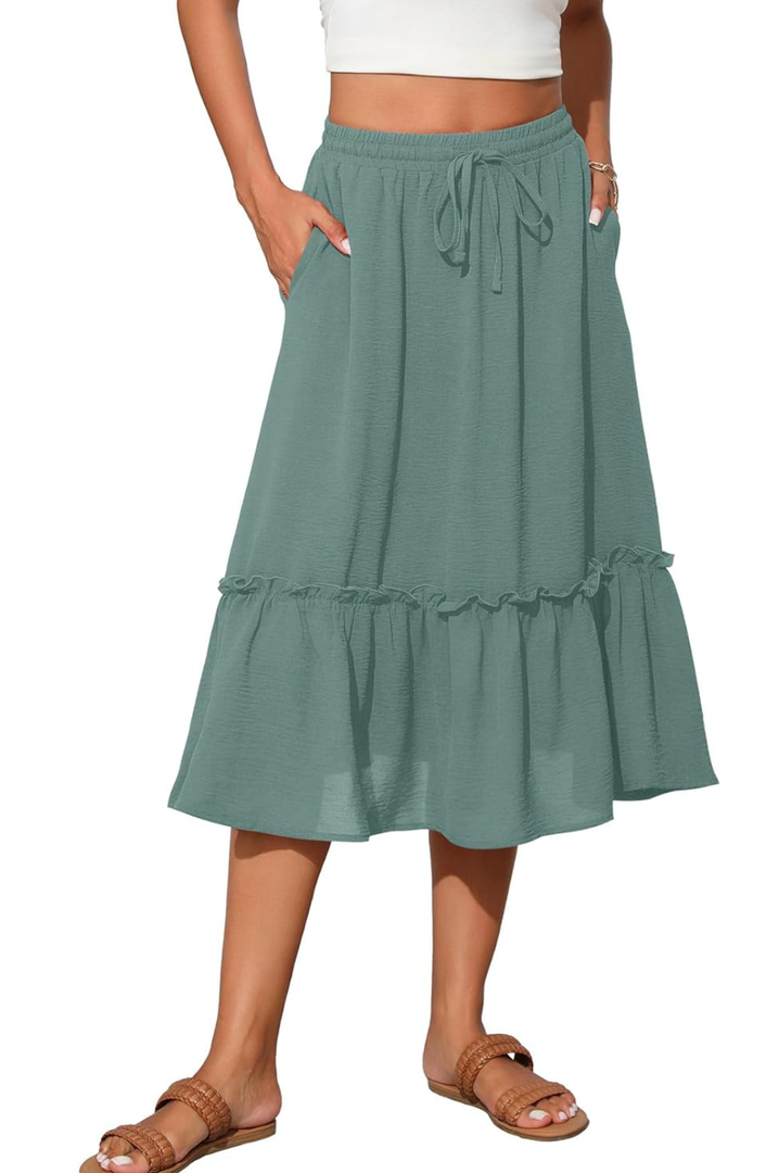 High Waist Tiered Skirts for Women Flowy Skirts for Women Below Knee with Pockets 2025 Fashion Trendy Size L