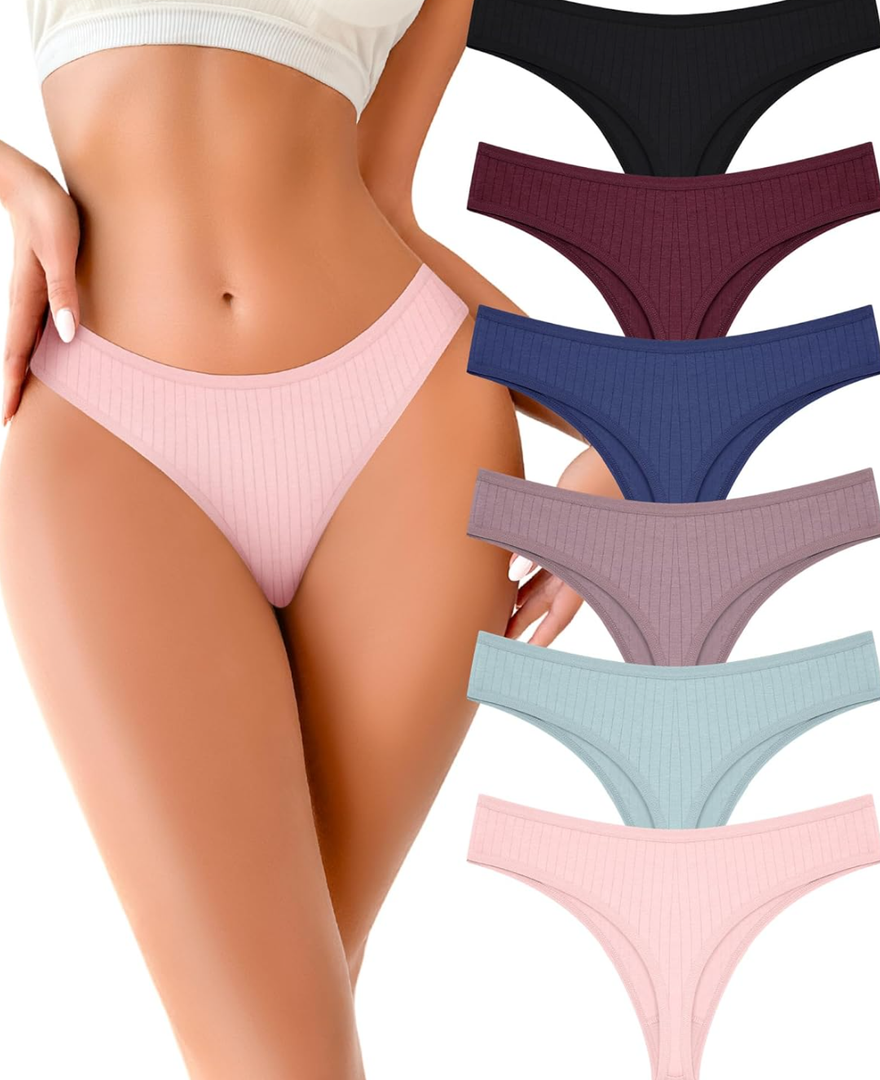 FINETOO Cotton Thongs for Women Soft Low Rise Sexy Thong Ladies Panties Womens Underwear 6 Pack M