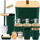 XLHOMO Dark Green Bathroom Accessories, Green Bathroom Accessories Set with Trash Can, Soap Dispenser, Toothbrush Holder, Toothbrush Cup, Soap Dish, Toilet Brush, Tray and Q-tip Holders