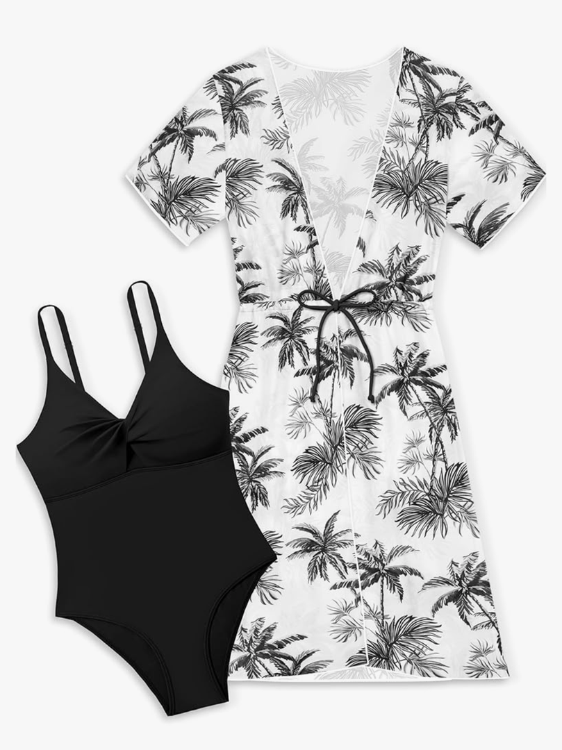 Girls Bathing Suits Size 8-10 Black Girls One Piece Swimsuits Tropical Print Quick Dry Cover Up 2Pcs Girls' Swimwear Kids Girls Swimsuit Size 11-12