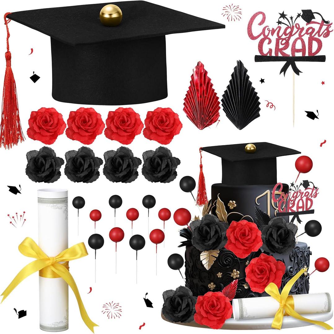 Jingmore Graduation Cake Kit Included Felt Graduation Cap Diploma Classic Black Congrats Grad Cupcake Toppers Beads Leaf Flowers Cake Decorations for Class of 2026 Party(Red and Black)