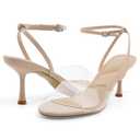 JENN ARDOR Clear Heels for Women Kitten Strappy Sandals Comfort Round Open Toe Ankle Strap Stilettos Wedding Party Low Heeled Dress Shoes Nude.6.5