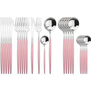 Silver Silverware Set, 24-Piece Stainless Steel Flatware Set Service For 6, Mirror Polished Pink Handle Tableware Cutlery Set Knife Fork And Spoon For Home & Restaurant, Dishwasher Safe