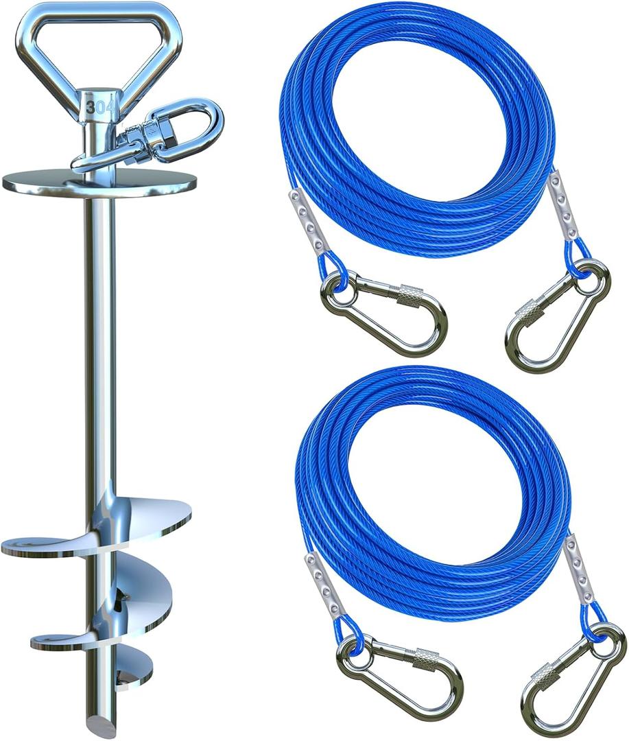 Catapamey Dog Tie Out Cable and Stake,with 2x15 Feet Heavy Duty Cable(up to 200lbs),360 Swivel Dog Run Anchor,Runner for Yard-No Tangle,Ideal for Outdoor Camping
