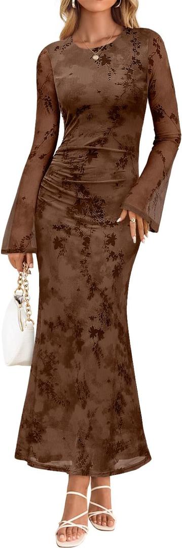 ZESICA Women's Long Sleeve Floral Bodycon Dress 2026 Spring Fall Ruched Mesh Wedding Guest Cocktail Party Maxi Dresses (Medium, Tie Dye Brown)
