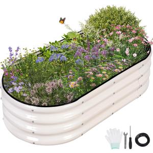Galvanized Raised Garden Bed - 4x2x1FT Metal Planter Boxes Outdoor | Oval Steel Raised Bed Kit for Gardening with Protective Tape, Gloves for Vegetables, Flower, Herb (White)