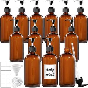12 Pack Amber Glass Bottles 16oz with Pump Dispensers, Refillable Empty Pump Bottles for Bathroom, Kitchen, Shampoo, Soap, Lotion  Includes 2 Funnels & 12 Labels (Clear)
