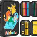 Pokemon Pencil Case for Boys Girls Pikachu Stationery Set with Colored Pencils Sharpener Ruler Eraser Notepad School Supplies Anime Gifts for Kids (Black/Multi)