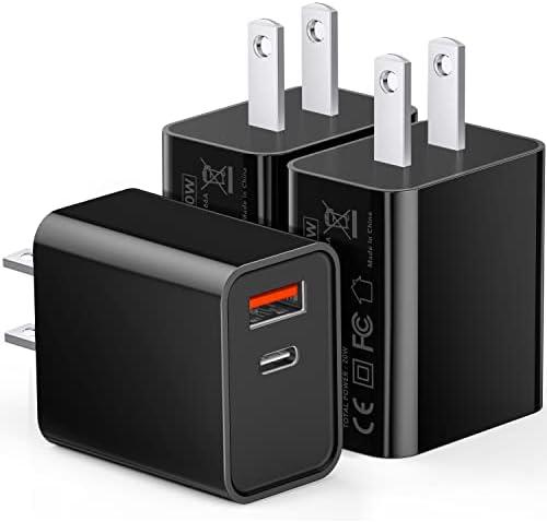 3 Pack Type C Charger, Dual Port USB C Wall Plug 20W PD & QC3.0 USB A Fast Charging Block for Samsung Galaxy S24 S23/S3+/S23 Ultra/S22/S22+/S22 FE/Note 20 Ultra/10, iPhone 16/17 Brick Box(Black)