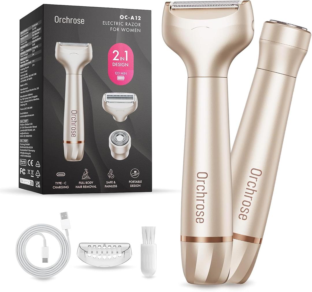 Electric Razor for Women 2-in-1: Painless Rechargeable Shaver for Face Legs Underarms and Bikini Area  Travel Lock (Gold)