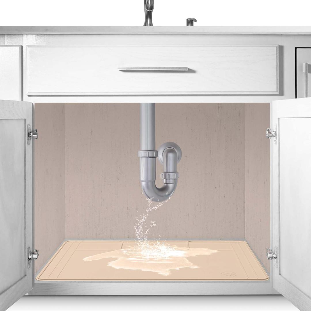 The Original Under Sink Mat, Adjustable Silicone Mat, Waterproof Under Sink Bathroom Vanity Mat, Waterproof Kitchen Under Sink Mat, 28" × 19" Or Smaller, Beige