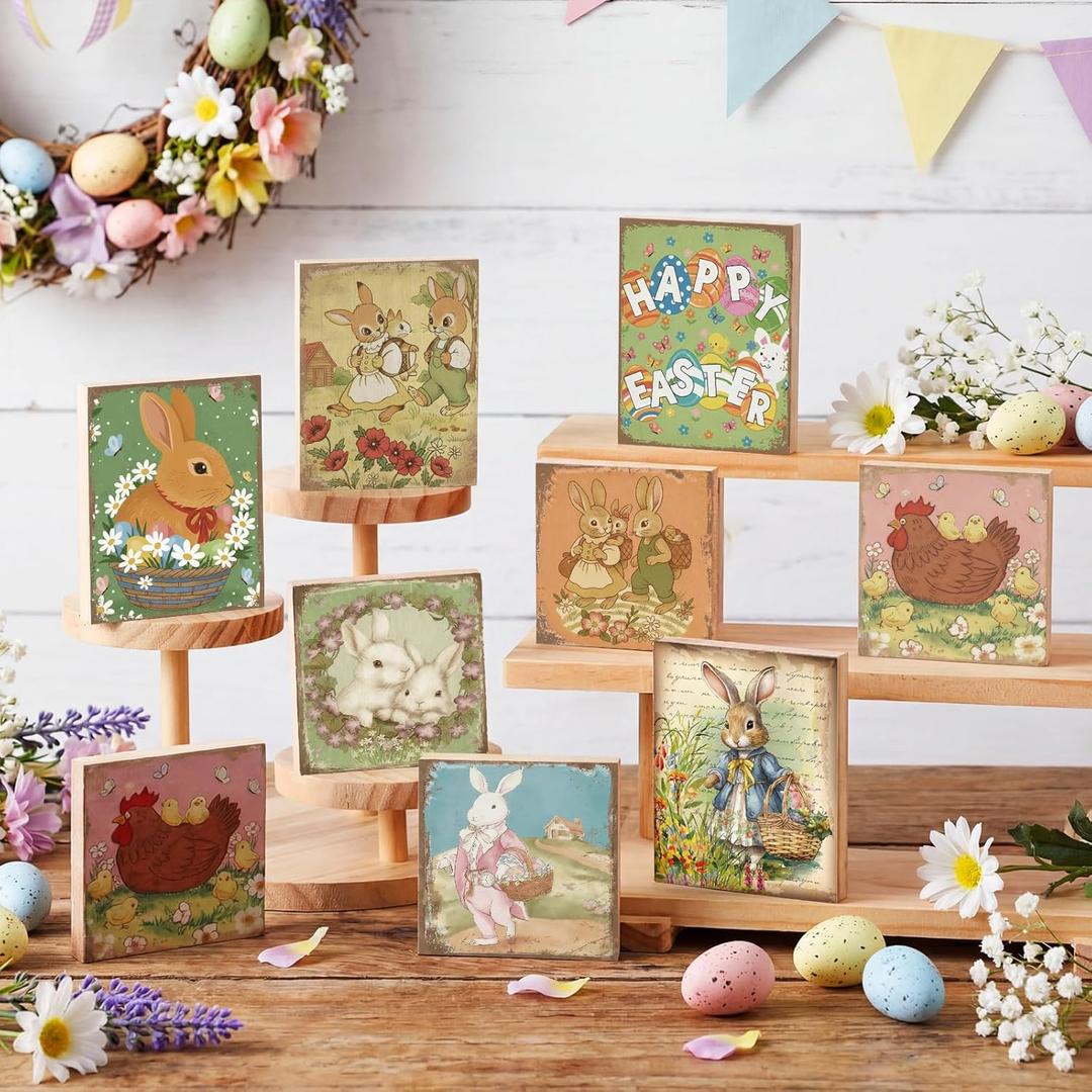 Wenqik 8 Pcs Vintage Easter Decorations - Retro Bunny Wooden Signs, Spring Table Centerpiece & Tiered Tray Decor, Cute Chicks Ornaments for Farmhouse Home Tabletop, Desk, Shelf & Office