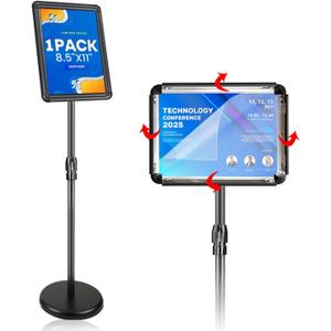 Sign Holder Stand with Rounded Safety Corners, Adjustable 31" to 52" Sign Stand Heavy Duty Floor Standing Poster Holder, Water/Sand Fillable Base for Storefront & Indoor Use, Anti-Glare Display for Signs (Black, 8.5*11 - 1 Pack)