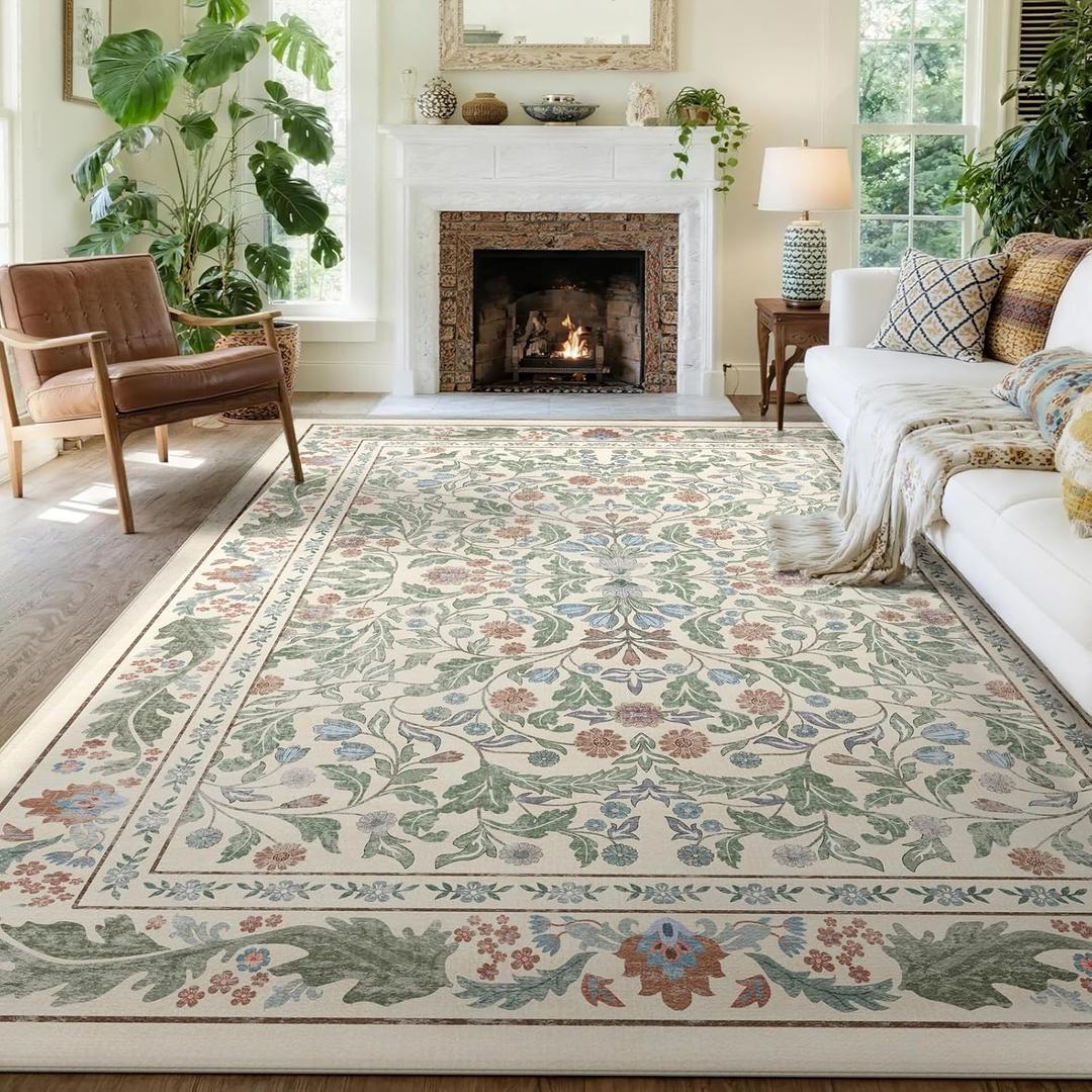 Beige Floral 8x10 Area Rugs for Living Room Large Washable Rug Vintage Forest Low Pile Non Slip Stain Resistance Soft Carpet for Dining Room, Bedroom, Office Rug, Kids Room, Nursery Room, Playroom