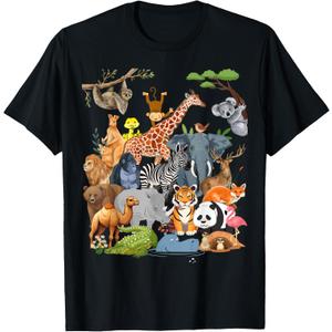 Men Women and Kids Wildlife Zoo Day Party Cute 22 Animals T-Shirt (Black, L)