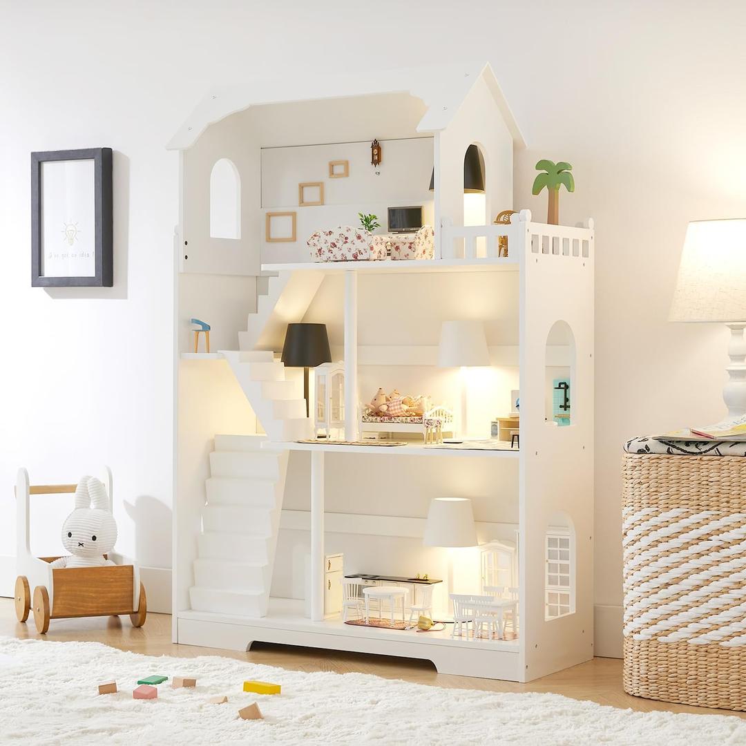 Wooden Dollhouse Bookshelf, 3-Tier Kids Dollhouse Bookcase for Books & Toys Storage Organizer Shelves, Large Doll House for Kids Rooms, Playroom, Nursery, Classroom Gift for Aged 3+, 2.64 Inches