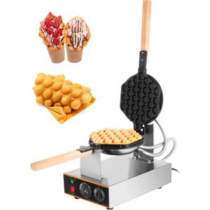 VEVOR Commercial Bubble Waffle Maker, 1400W Egg Bubble Puff Iron w/ 180 Rotatable 2 Pans & Wooden Handles, Stainless Steel Baker w/Non-Stick Teflon Coating, 50-250/122-482 Adjustable
