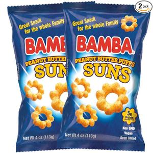 Bamba Peanut Butter Suns, Non-GMO, Kosher - 4 Oz Bags (2 Pack) | Peanut Butter Sun Puffs Bulk, Vegan PB Snack with Crunch for Kids, Protein Snack, No Sugar, BBD: Jul 15 2026