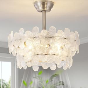 Silver Crystal Fandelier Ceiling Fans with Lights, 20" Silver Flower Chandelier Ceiling Fan with Light Remote Control, Caged Mid-Century with 6 Speeds for Bedroom, Nursery, Living Room