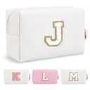 Personalized Initial A-Z Preppy Patch Makeup Bag,Waterproof PU Chenille Letter Travel Cosmetic Pouch with Zipper,Cute Toiletry Organizer Bag,Gift Ideal for Women Teacher Bridesmaid,Letter J