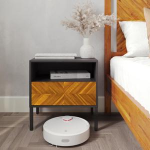 Bme Vivian Solid Wood Nightstand, End Table, Bedside Table with Herringbone Pattern for Rustic Bedroom, Easy Assembly, Rustic Golden Brown and Black (1-Drawer)