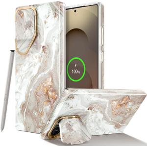 GVIEWIN Magnetic for Samsung Galaxy S25 Ultra Case with Camera Cover Kickstand, [Compatible with MagSafe] [Screen Protector] Mil-Grade Drop Protection Marble Phone Case 6.9" (Pearlescent/Gold)