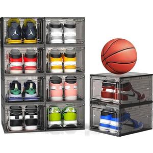 Mitees 10 Pack XX Large Thicken Sturdy Hard Plastic Clear Stackable Shoe Storage Boxes for Size 12, Sneaker Shoe Rack Containers Holders Bins Display Case Organizer for Closet, Grey