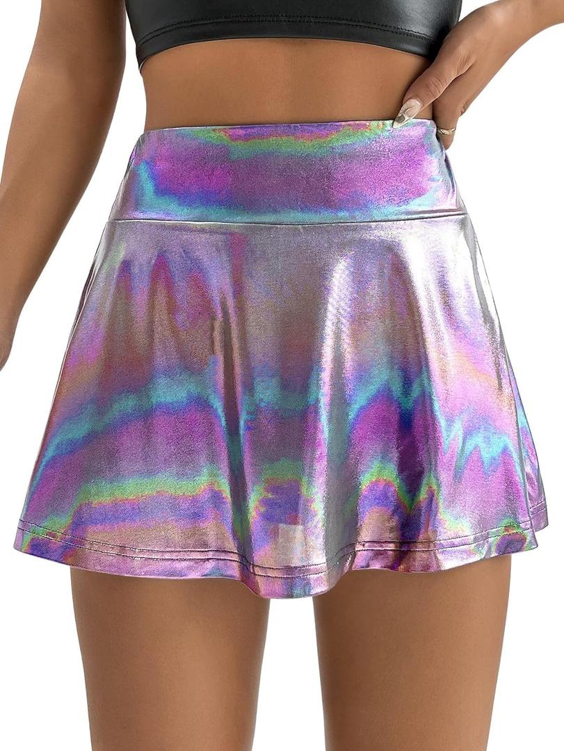 Verdusa Women's Sequin Skirt Metallic High Waist Workout Skorts with Pocket (Medium, Purple)