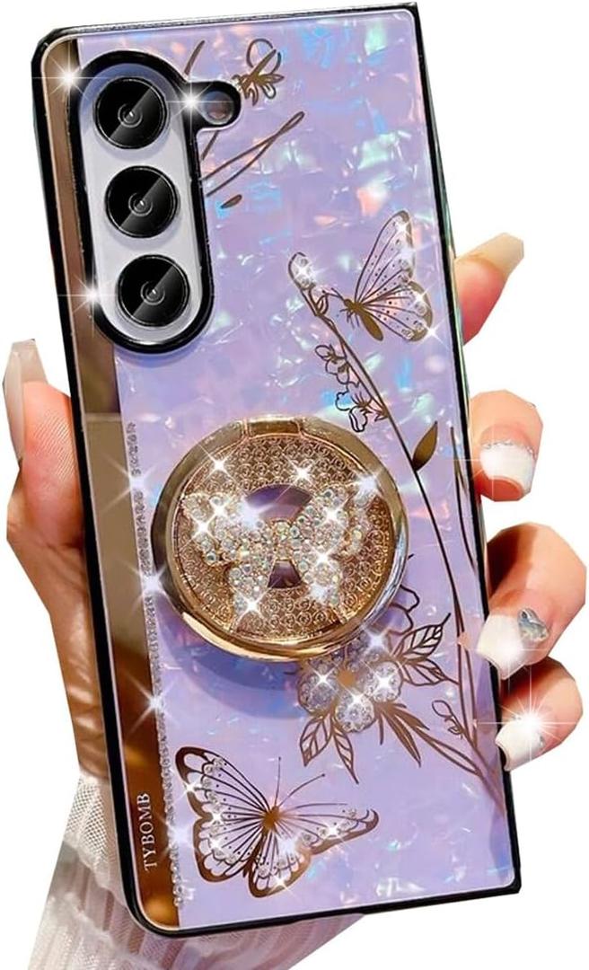 for Samsung Galaxy Z Fold 7 Kickstand Case,Cute Glitter Bling Rhinestones Diamond Butterfly with Ring Stand Marble Shell Shockproof Protective Cover for Women Girls for Galaxy Z Fold 7,Purple