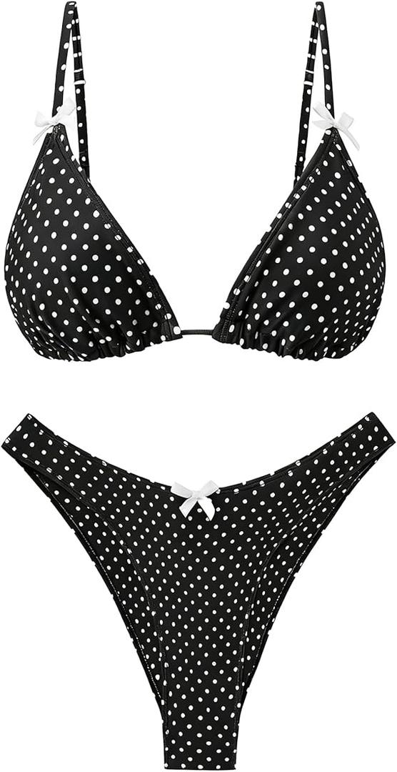 seamoly Womens Bikini Sets 2026 Padded Open Back 2 Piece Bathing Suits Retro Cheeky High Cut Thong Swimsuit Black Polka Dot, L
