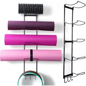 MRZZATA 5-Tiers Yoga Mat Holder Wall Mount, Metal Storage Rack for Mats/Wheels, Foam Roller and Block, Wall Rack with 3-Hooks for Hanging Stretching Strap, Resistance Bands, Yoga Accessories