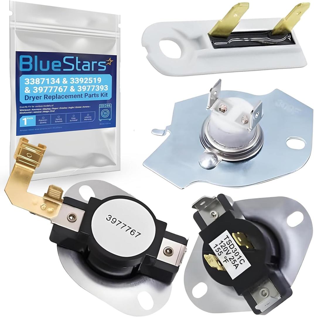 BlueStars  3387134 Cycling Thermostat 3392519 Dryer Thermal Fuse 3977393 Thermal Cut-off Switch 3977767 High-limit Thermostat Kit - Compatible with Whirlpool Kenmore Maytag Dryers