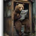 BJYCHG Bear Canvas Wall Art Rustic Bear in Outhouse Picture for Bathroom Animal on Toilet Prints Forest Wildlife Painting Farmhouse Cabin Bathroom Decor Framed (Brown, 24L x 16W)