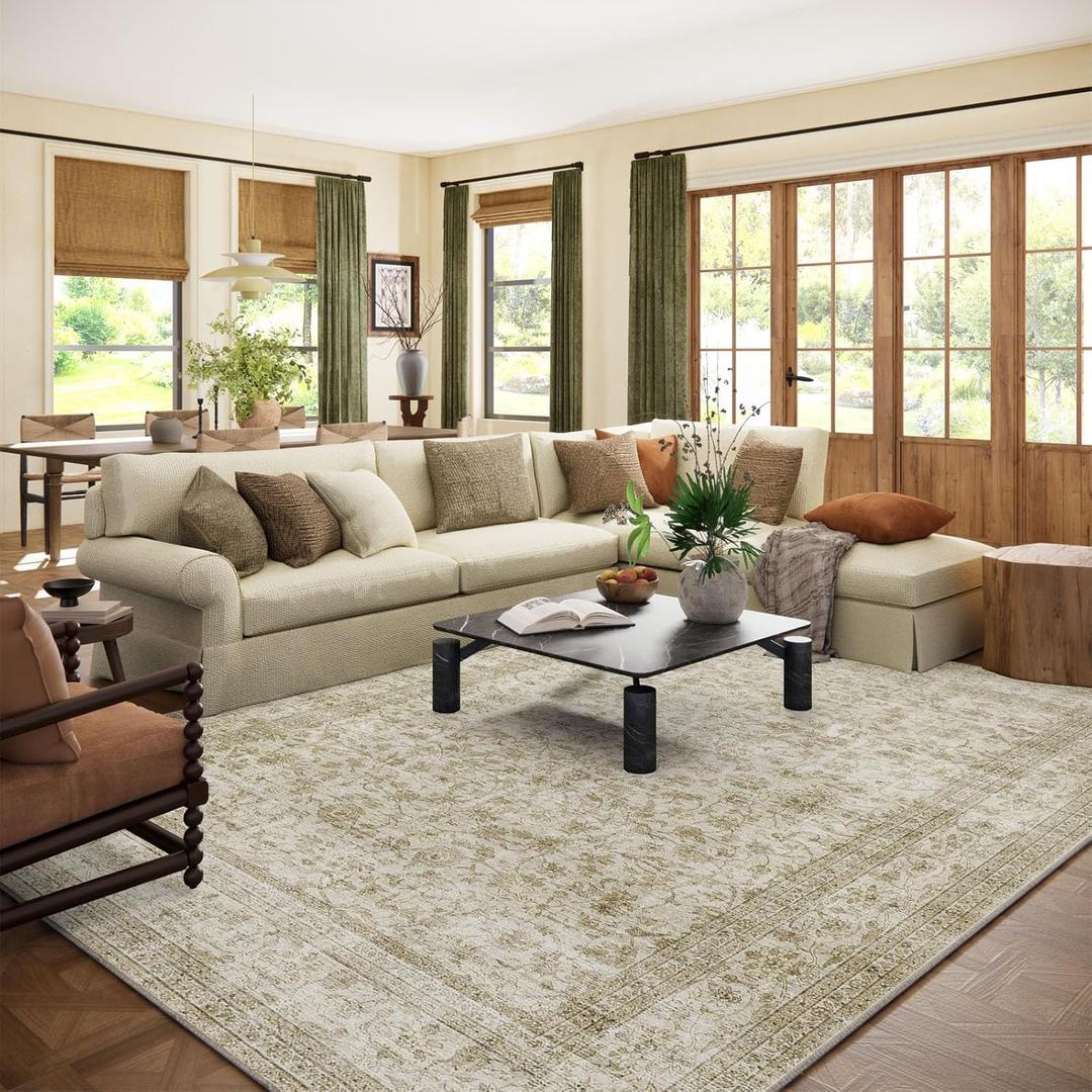 Machine Washable Rugs for Living Room: 8x10 Area Rugs for Bedroom Boho Vintage Rugs Stain Resistant Non Slip Low Pile Soft Lightweight Carpet for Kitchen Dining Room Farmhouse Nursery Kids Room (Beige and Brown)