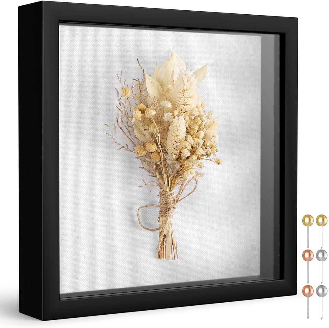 Califortree 8x8 Shadow Box Frame with Soft Linen Back - Push Pins Included, Memory Box Display Case for Flower, Tickets and 3D Items, Black