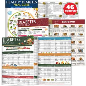 3 PCS Diabetes Food List & Meal Planner - Diabetic Food Chart, Laminated Type 1 & 2 Meal Guide, Easy-to-Read Carbs Protein Calories Fiber Fat Glycemic Index Chart for Prediabetes & Beginners