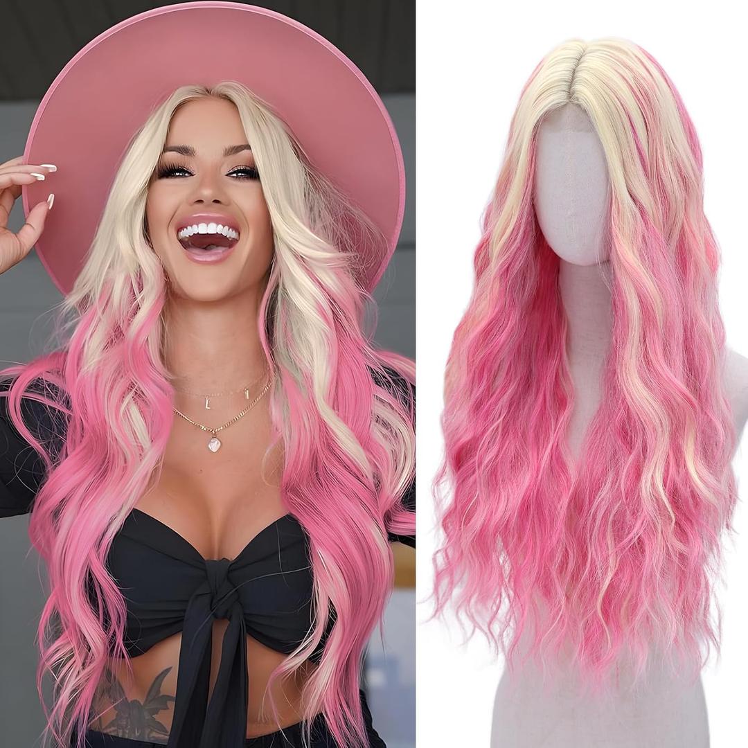 WECAN Pink and Blonde Wig-Long Pink Blonde Wigs For Women Synthetic Wig Heat Resistant Fiber Wigs for Daily Party Use (28 Inch)