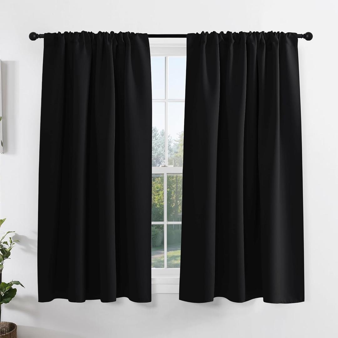 PONY DANCE Blackout Window Curtains for Bedroom - Thermal Insulated Curtain Drapes for Winter, Short Rod Pocket Blinds for Kitchen/Living Room, W 42 x L 54 inches, Black, One Pair