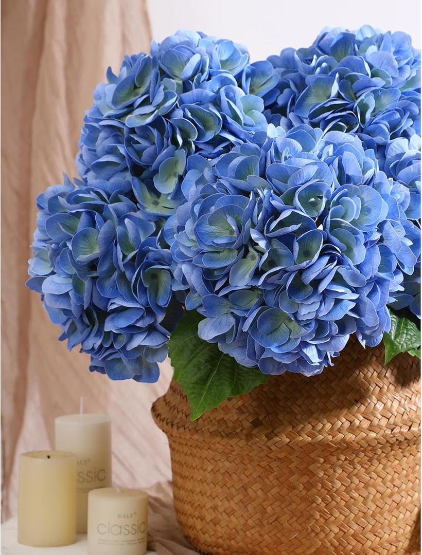 3Pcs Hydrangea Artificial Flowers, 22.44" Real Touch Latex Faux Hydrangea with Long Stems & Leaves for Home Office Decor or Wedding, Party, Centerpieces, Floral Arrangements (Blue)