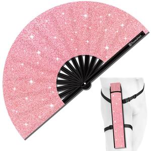 Glitter Large Rave Folding Clack Hand Fan with Holster, Boots on the Ground Popping Handheld Fan Foldable for Men Women for EDM Festival Club Party Dance, (Pink, Large 13") (33cm Closed | 63cm Open (13" Closed | 24.5" Open))