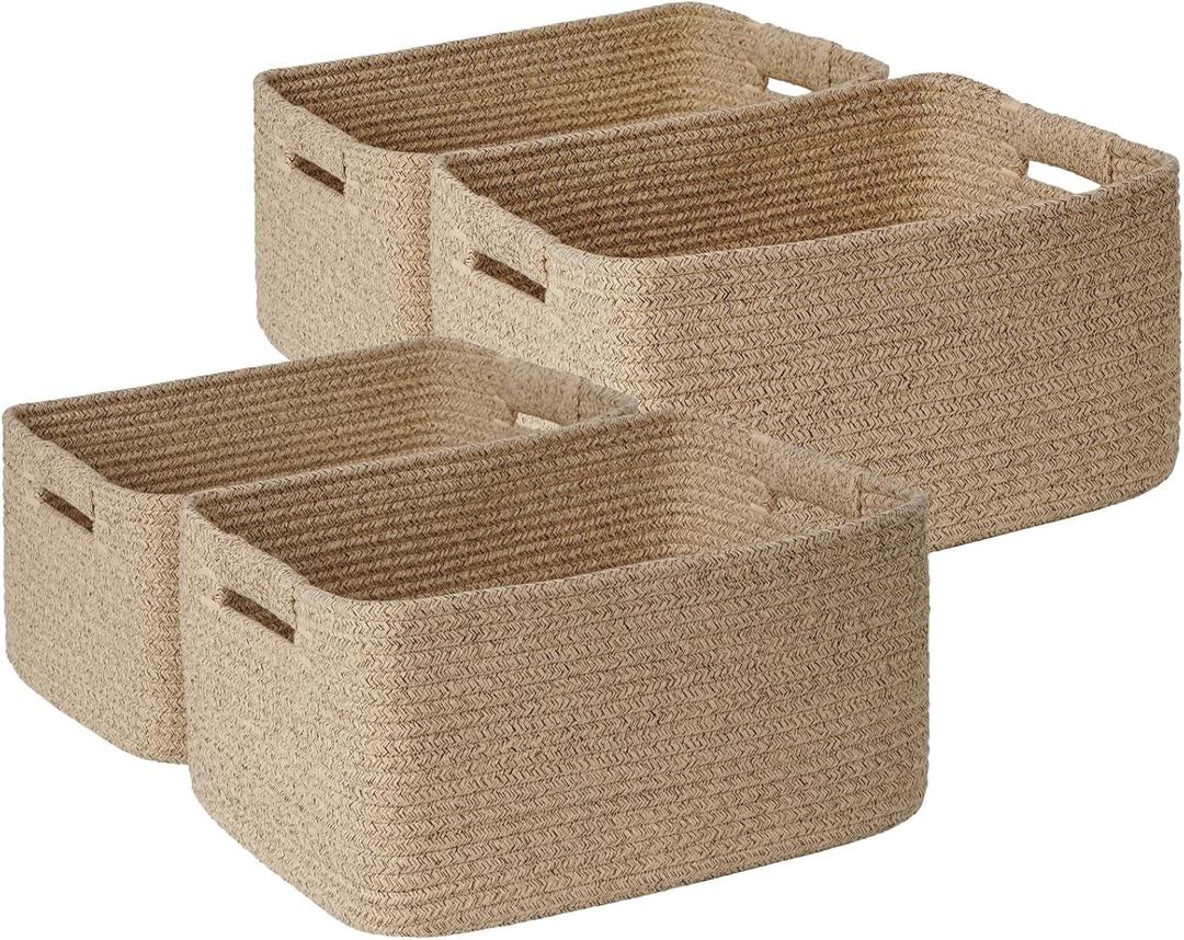 4 Pack Large Storage Basket for Organizing, 17.5"x13"x7" Woven Basket for Shelves, Closet Cube Storage Bins with Wrapped Handle, Cotton Rope Baskets for Kitchen, Clothes, Toys (Natural)
