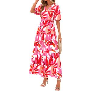 PRETTYGARDEN Women's Summer Maxi Dress 2026 Resort Wear Boho Floral V Neck Puff Short Sleeve Ruffle Flowy Beach Long Dresses (Red, XL)