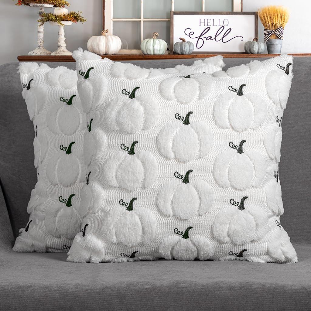 4TH Emotion Fall Pumpkins Pillow Covers 16"x16" Set of 2, White Soft Plush Faux Fur Wool Farmhouse Throw Cushion Cases for Autumn Thanksgiving Holiday Home Decorations