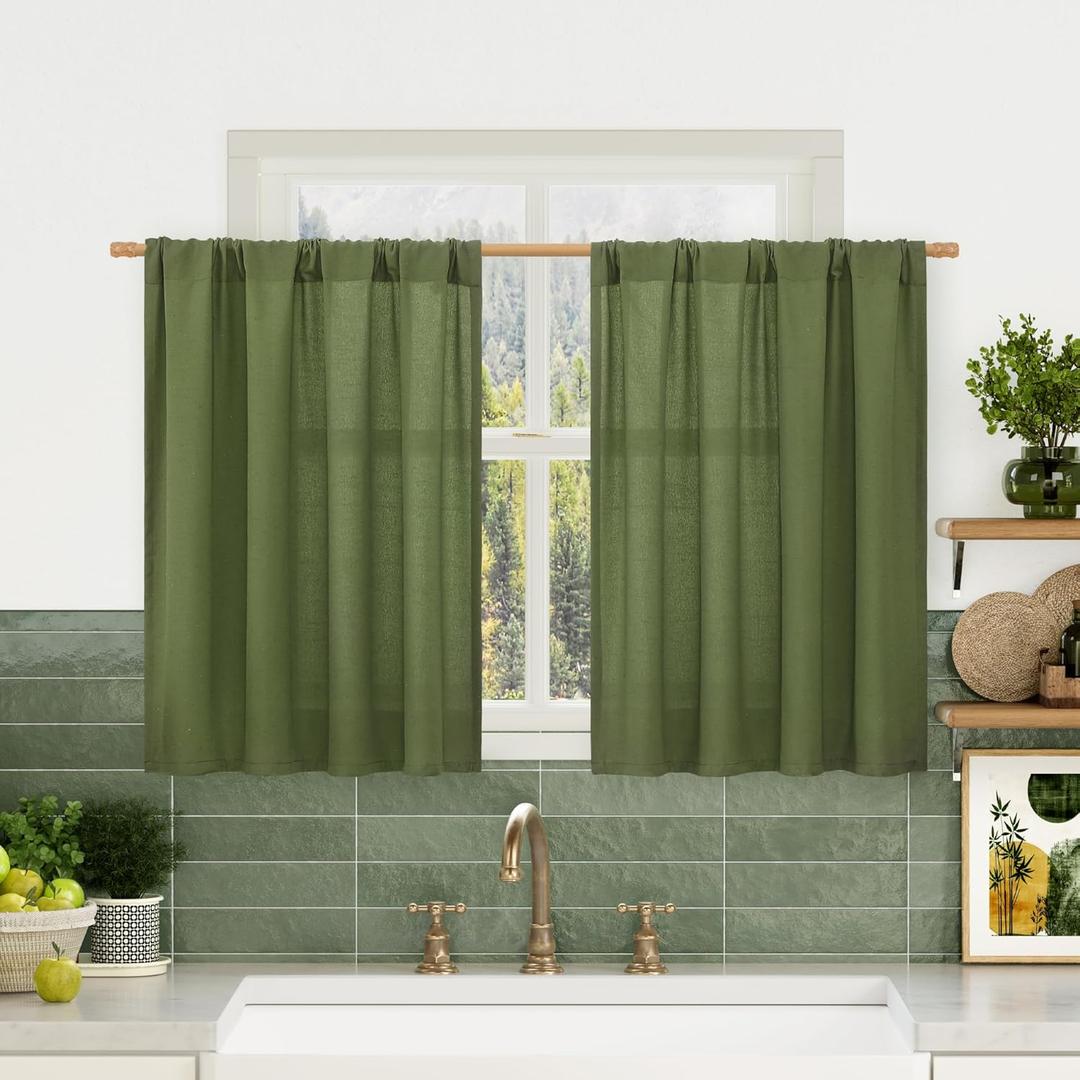 LAMIT Linen Curtains 30 Inch Length 2 Panels for Kitchen Cafe, Light Filtering Linen Textured Panels Rod Pocket Boho Short Window Drapes for RV Basement/Small Windows, 42 x 30 Inch, Olive Green