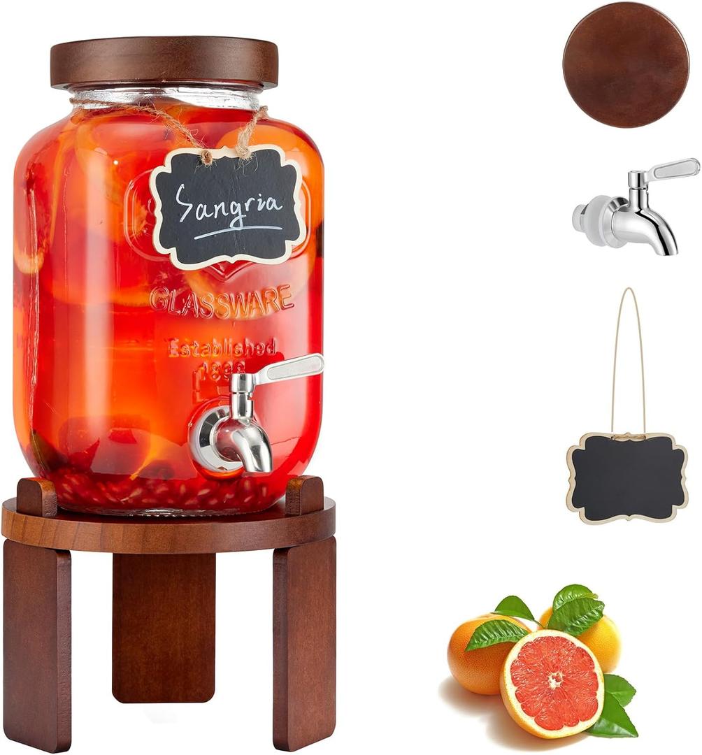 1 Gallon Drink Dispenser for Parties,Glass Beverage Dispenser with Stand,Water Dispenser with 18/8 Stainless Steel Spigot,Lemonade Stand Dispenser for Fridge,Juice,Punch,Cocktails,Ice Tea & Sun Tea