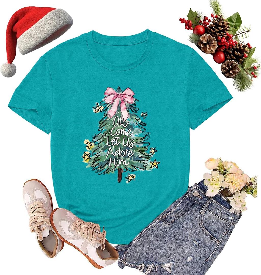 Christmas Shirts for Women Christian Bow Christmas Tree Tshirts Xmas Holiday Religious Tee Tops (XL, Cyan)
