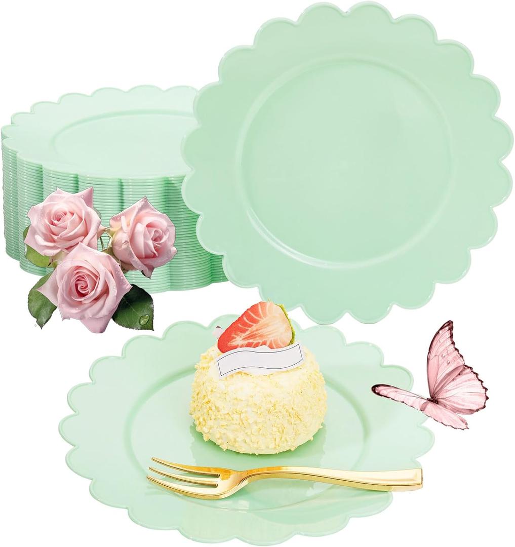 LIYH 200 Pcs Sage Green Plastic Disposable Plates and Gold Forks 7.5 Inch Scalloped Dessert Appetizer Plates, Cake Forks 5" for Wedding Party (200Pcs(100 Guests))