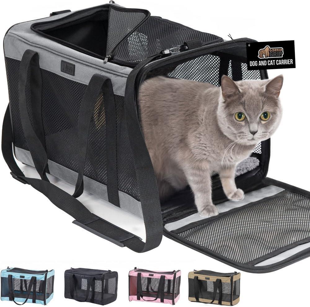 GORILLA GRIP Cat Carrier Travel Bag Up to 15 Lbs, Soft Collapsible Small Dog Carriers, Top and Side Entry Breathable Mesh, Grip Feet on Underside, Cozy Washable Waterproof Pad, Portable Kennel, Gray (17.0"L x 11.0"W x 11.0"H)