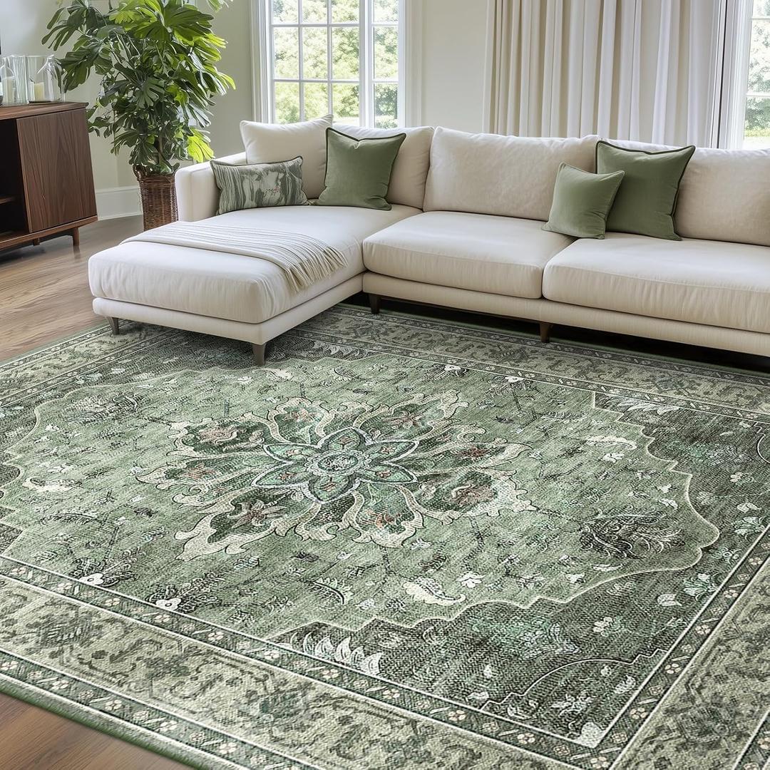 RELEANY Area Rugs 8'x10' Washable Non-Slip, Floral Vintage Distress Print Pattern Medallion Carpet for Living Room Bedroom Dining Room, Dark Green Gray